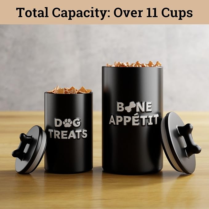 Ceramic Dog Treat Container Airtight Set of 2, 10x5 in & 7x4 in, 11 Cups | Airtight Ceramic Lids, Ceramic Bone Handles, Food Safe, Easy to Wash, Sturdy, Dishwasher Safe, Raised Design, 2-pc Dog Jars