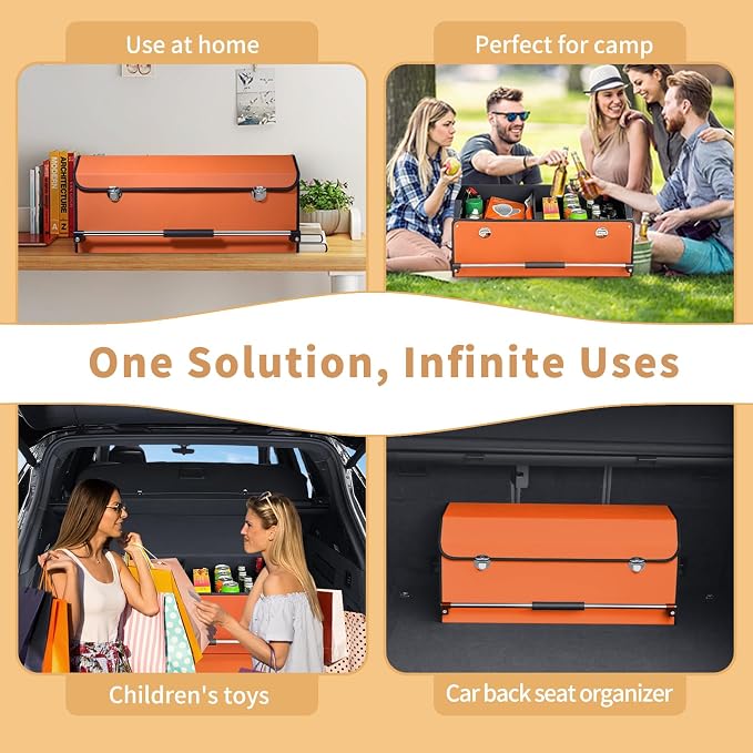 Car Trunk Organizer Leather Car Storage Organizer with Lid Car Organizer | Suv Trunk Organizer with Sturdy Handle Car Cargo Storage Box for Minivan, Sedan, Jeep (Orange, 27 x 11.4 x 12.2in)