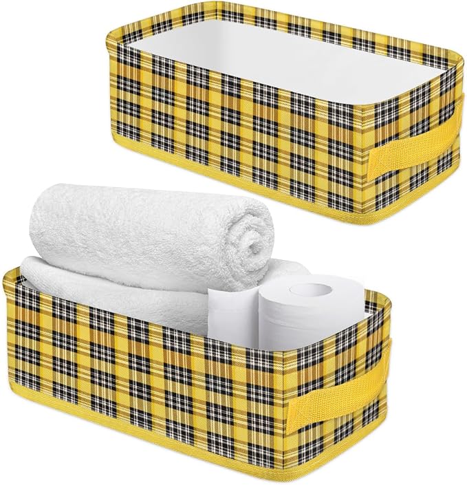 Chippendale Yellow Black Bathroom Storage Basket, Foldable with Handle Open Countertop Paper Towel Decorative Box, Toilet Tank Top Shelf Baskets for Home Closet Bedroom Living Room Offic