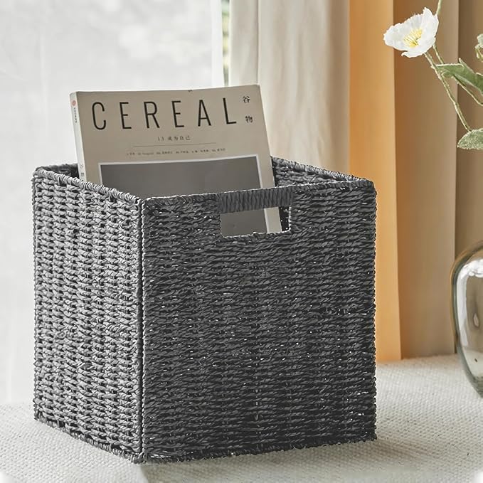 6 Pack 8.7 Inch Wicker Baskets, Paper Rope Storage Baskets | Foldable Cube Storage Bins Organizer Square Wicker Cubes for Shelves Pantry Organizing & Decor (Gray)