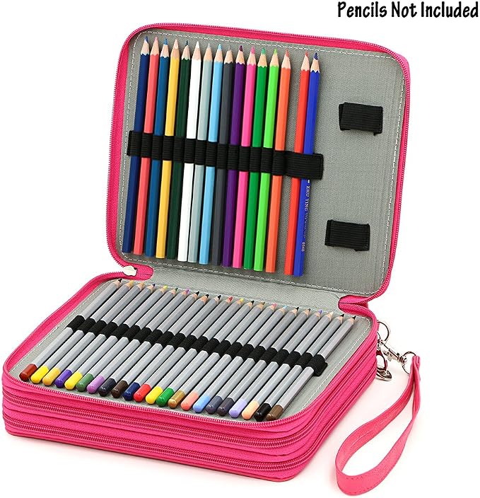 BTSKY Deluxe PU Leather Pencil Case For Colored Pencils - 120 Slot Pencil Holder with Handle Strap Handy Colored Pencil Box Large (Rose Red) | Pencil Holder with Handle Strap Handy Colored Pencil Box Large for Artists, Adults Coloring, Sketching, Drawing