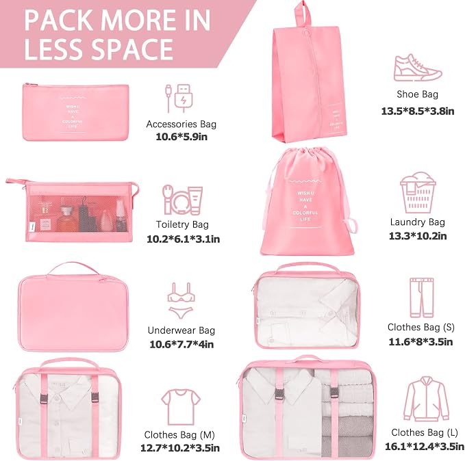 KPX 8 Set Packing Cubes for Travel, Luggage Packing Organizers Accessories Large Toiletries Bag for Clothes Shoes Cosmetics (Pink)