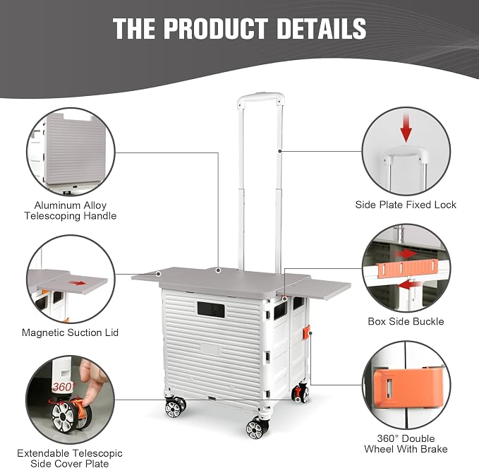 FELICON SELORSS Folding Utility Cart Portable Rolling Crate Handcart-White | Magnetic Sliding Lid,Telescoping Handle,Plastic Box Dolly,360°Swivel Wheels for Travel Shop Move Laundry Office Teacher Use