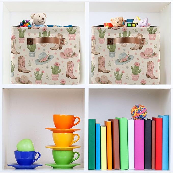 Kigai Storage Basket, Fabric Collapsible Closet Organizer Bin | Western Print Waterproof Foldable Canvas Basket with Handles for Shelves, Nursery, Closet, Bedroom & Bathroom