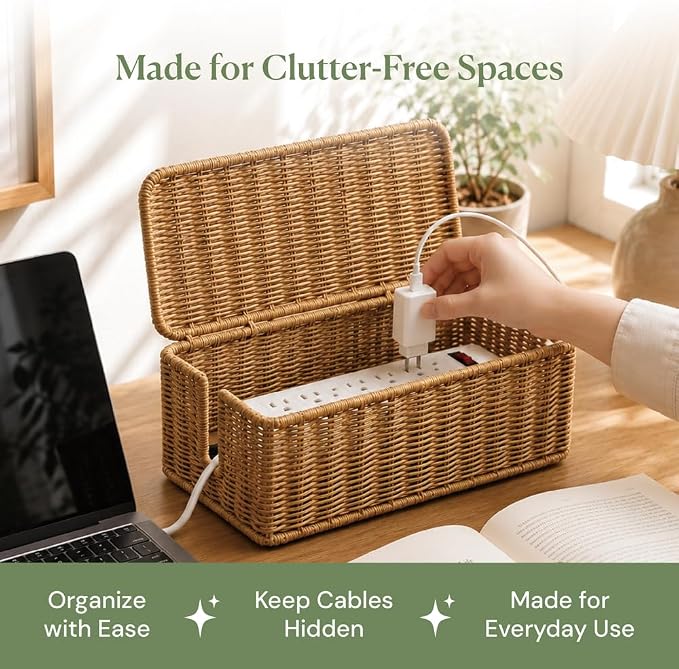 Cable Management Box, Handmade Rattan Cord Organizer for Power Strip | Open Slots Cord Hider for Power Strip, Router & USB Hub, Registered U.S. Design Patent
