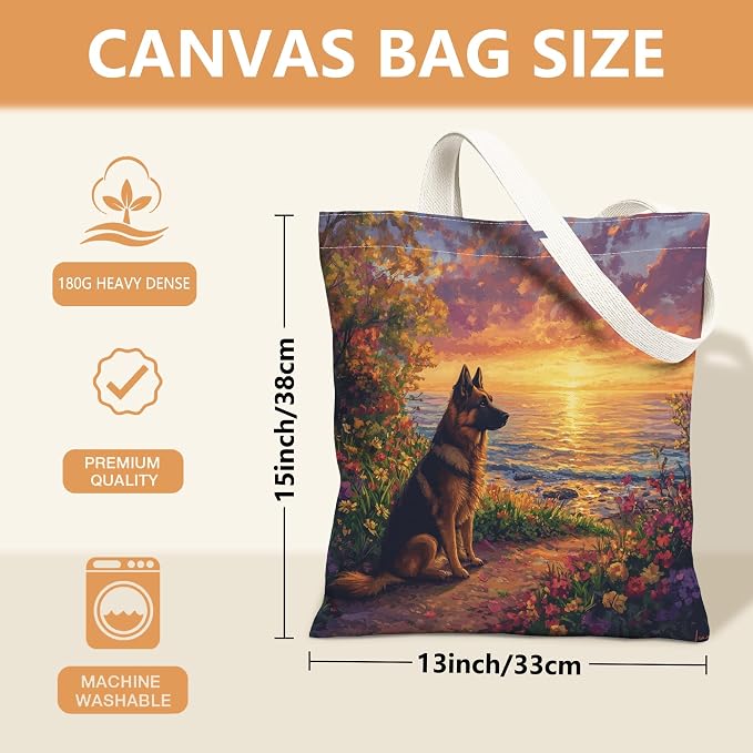 Spring German Shepherd Dog Canvas Tote Bag for Shopping 13 * 15, Floral Sea Landscape Reusable Grocery Shoulder Bag for Women, Pet Painting Gift Decoration