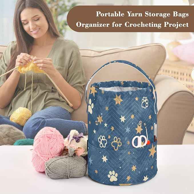 Fustylead Beautiful Shooting Stars and Paw Prints Yarn Knitting Crochet Drawstring Bag with Customized Front Compartment, Portable Large Storage Basket for Crocheting Project, Kit, Yarn Ball, Needles