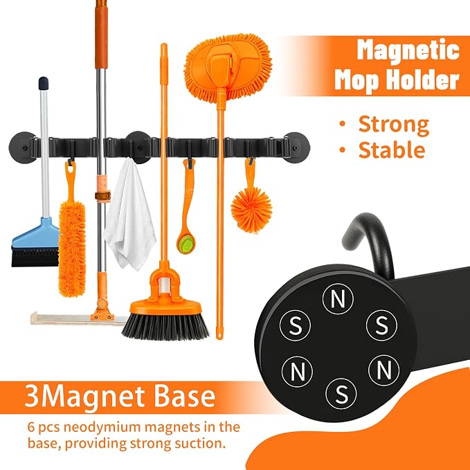 Magnetic Broom Holder Wall Mount with 4 Hooks and 5 Rack- Heavy Duty Non-Slip Mop Hanger for Wet Mops&Cleaning Tools on Refrigerator,Metal Door,Garage,Kitchen,Laundry Room