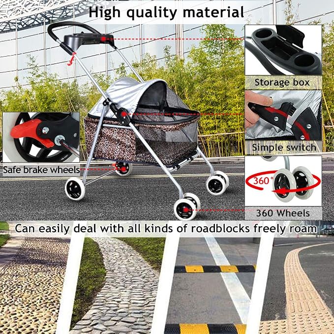 Dog Stroller Pet Stroller Cat Strollers Jogger for Small-Medium Dogs, Cats Folding Travel Carrier Durable 4 Wheels Doggie Cage with Cup Holder Waterproof Puppy Strolling Cart Leopard Skin
