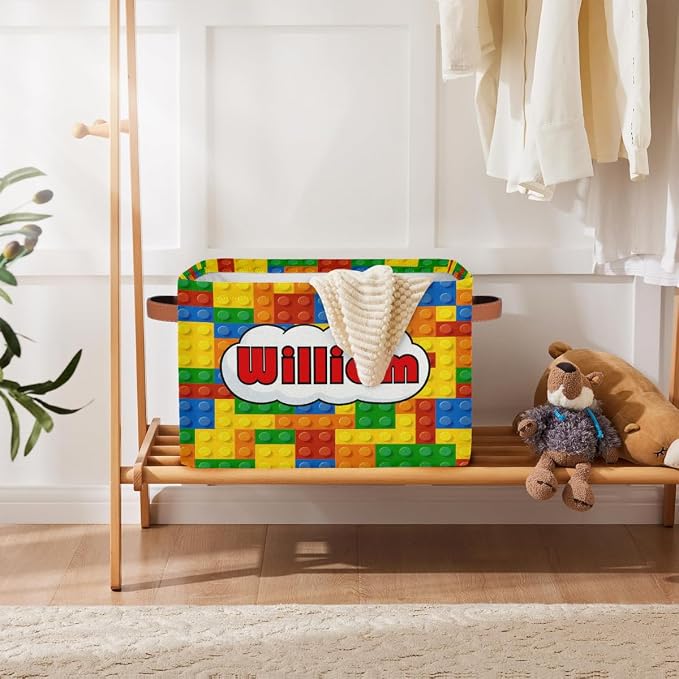 Personalized Rectangle Storage Basket with Handles, Custom Name Cube Organizer Bins for Shelves Collapsible Toys Storage Box Clothes Baskets for Nursery Home Kids Room(Colorful Building Blocks)