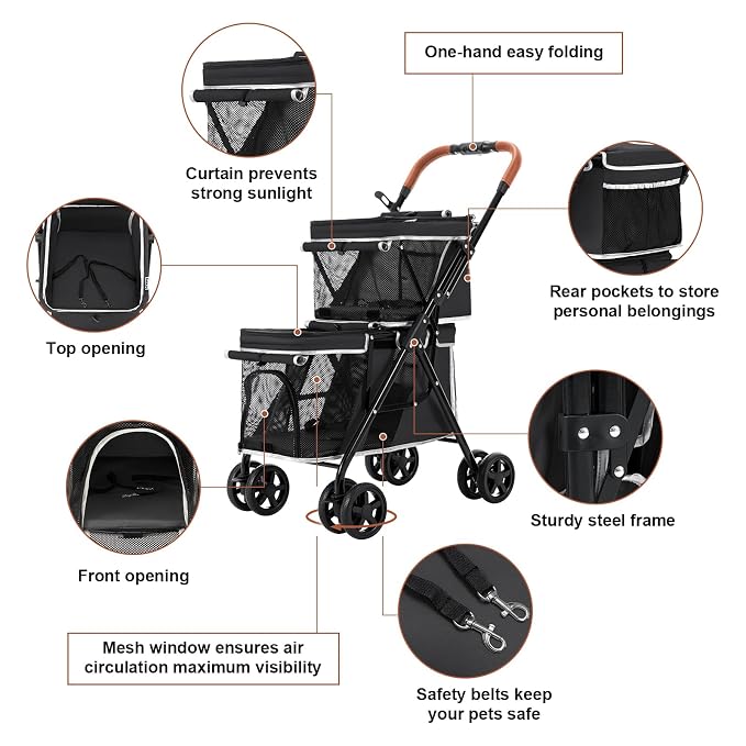 Double Pet Stroller for 2 Dogs & Cats, Double-Decker, Black | One-Hand Fold Two-Tier Stroller with Separate Cabins, 44 lb Capacity, 4 Tethers, Locking Front Wheels and Rear Brakes