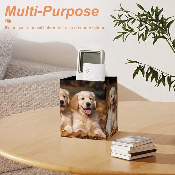 Golden Retriever Dogs Puppies Pets Square Leather Pen Holder Desk Organizer | Pencil Holder Makeup Brush Holder Storage Box for Office Home Supplies, Gift for Teacher Colleague 4.3*3*3.5 In