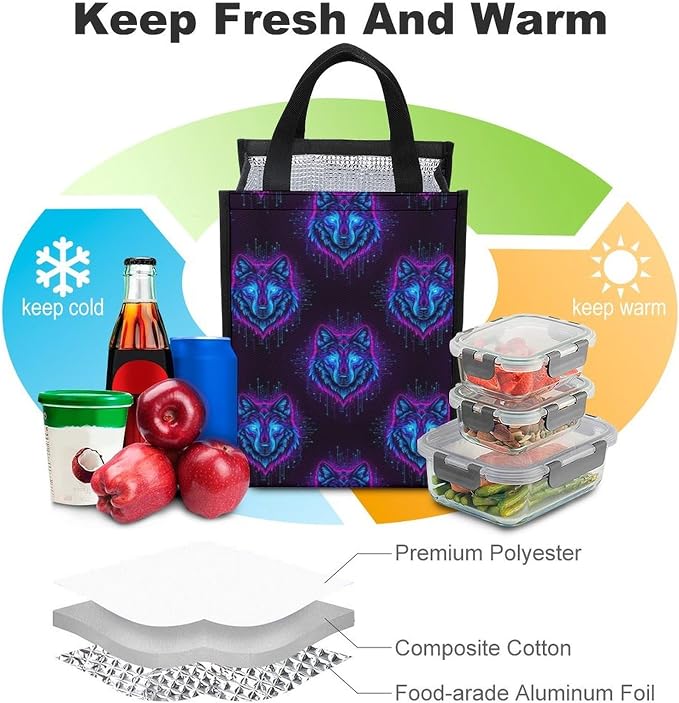 Reusable Insulated Lunch Bag Portable Lunch Tote Cooler Bag Compatible with Neon Wolf Thermal Lunchbox Food Containers Organizer