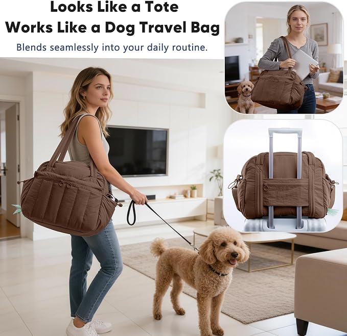 Dog Travel Bag for Supplies, Airline Approved Pet Travel Organizer with 2 Food Containers & Collapsible Bowls, Large Capacity Dogs Tote Bag for Weekend, Stylish Dog Mom Gift for Pet Lovers