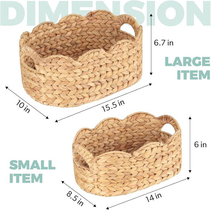 Scalloped Baskets (Natural-Set of 2), Storage Basket, Water Hyacinth Basket for Organizing and Decor, Hand-Woven Hyacinth Baskets with Built-In Handles for Living Room, Bedroom, Laundry, Pet toy,Food.