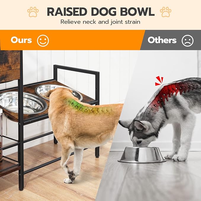 HOOBRO Elevated Dog Bowls Stand with Drawer, Height Adjustable Raised Feeding Station Cabinet with Storage Basket, 4-IN-1 Pet Storage Organizer for Large Medium Breeds, Rustic Brown and Black BF22PO03