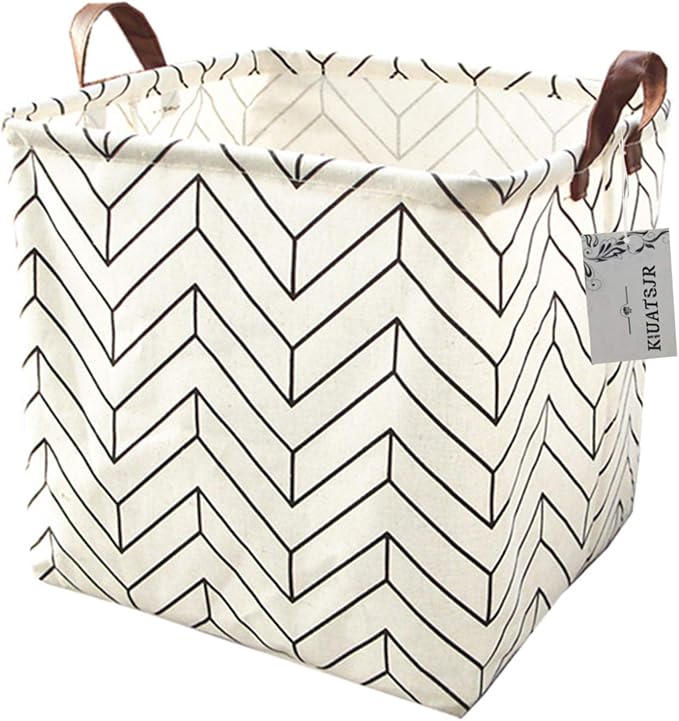 Square Canvas Toy Storage Bins Basket with Handle Collapsible Toy Organizer for Nursery Storage, Kid's Toy & Laundry, Gift Baskets(White-Geometric)