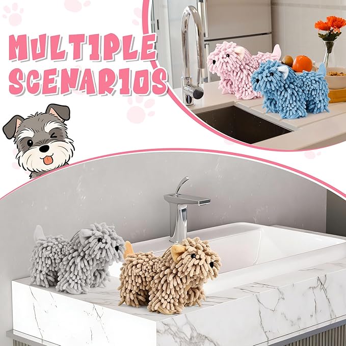 Tegeme 4 Pcs Chenille Dog Hand Towel Fuzzy Dog Towel Absorbent Microfiber Soft for Bathroom Kitchen Washstand (Gray Brown Pink Blue)
