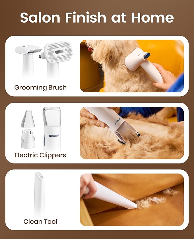 oneisall Dog Grooming Vacuum, 15000Pa Pet Vacuum Kit Shedding 99% Pet Hair, Dog Grooming Clippers with Trimmer Nail Grinder, ≤ 59dB Quiet Brush with 6 Tools, 2L Canister for Home Cleaning,Cozy SE 2