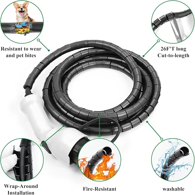 EV Charger Cable Protector, 26FT EV Charger Cord Protector Sleeve - Flexible Wire Loom Cover for Electric Vehicle Charging Cable, Prevents Door Squash, Pet Chew, Tripping & Tangles, Garage Outdoor Use