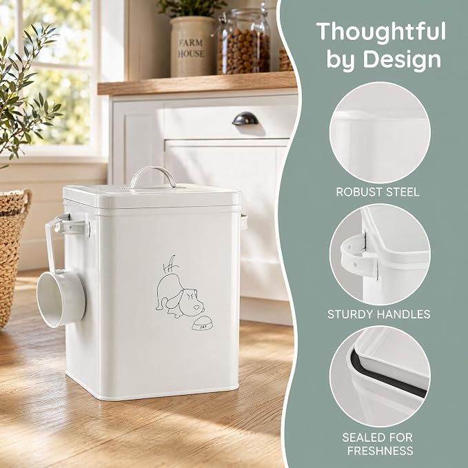 SOUJOY Pet Treat and Food Storage Bin with Lid and Scoop, 5LBS White Vintage Farmhouse Storage Tin, Coated Carbon Steel Canister, Gift for Dogs Owners