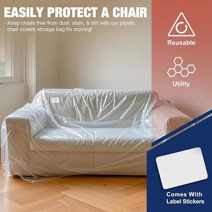 Clear Plastic Moving Loveseat Furniture Storage Covers | Extra Large 68x 62 x 42 Inch Sofa and Couch Bags, Waterproof and Dust Proof, For Renovation, Wrap, With Labels