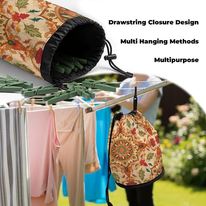 Clothespin Bag Holder Outside, Boho Mandala Print Hanging Clothes Pin Bag with Drawstring Closure, Ventilation and Large-Capacity Clothespin Storage Organizer with Hooks
