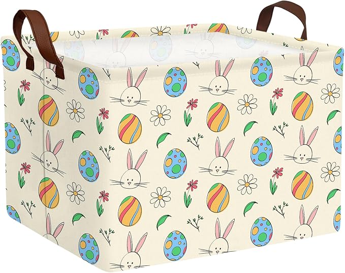 Large Cute Easter Basket for Kid Empty Gift Baby Rectangle Storage Bin Bunny Eggs Boy＆Girl Room Décor (Egg Rabbit Flower)