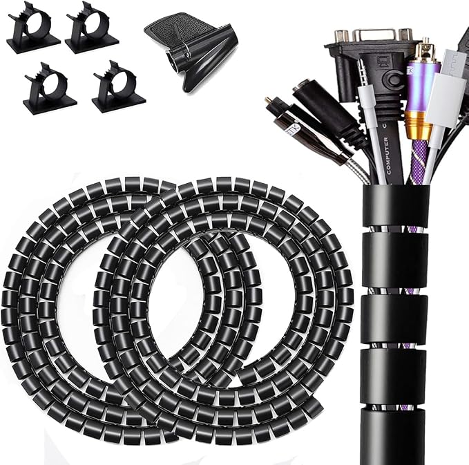 Large PC Cable Management Tube Sleeve Under Desk Wire Organizer for Cords 2 PCS Black, 1.1 inch -5 ft EZ Spiral Cable Wrap Cover Bundler w/Clips for TV Office, Pet Proof Cable Protector