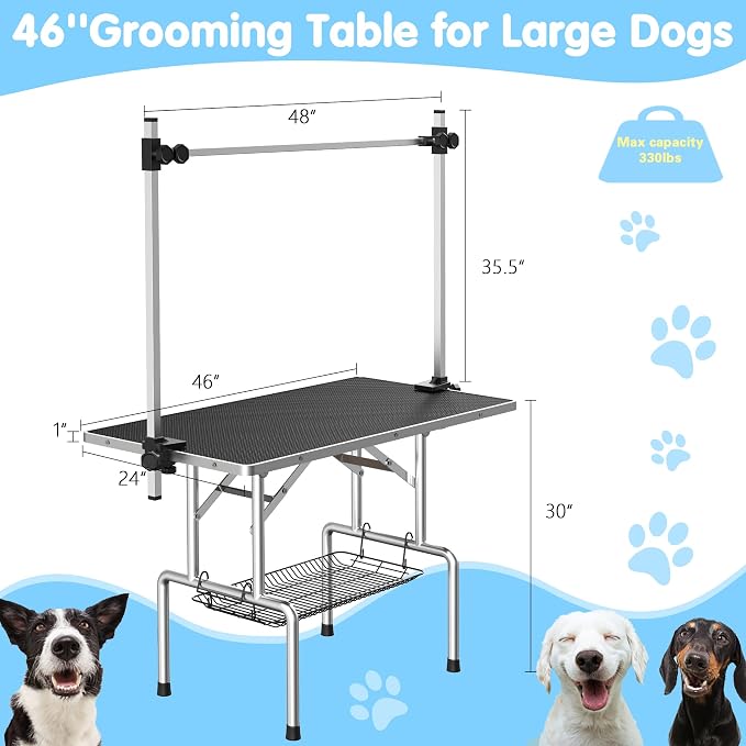 46''Large Dog Grooming Table, Adjustable Cat Drying Desktop with Arms, Nooses, Mesh Tray, Foldable Pet Station at Home, Maximum Capacity Up to 330Lb, 46inch, Black, 46in | Stainless Steel Grooming Table for Dogs at Home, Adjustable Pet Bathing Station,...