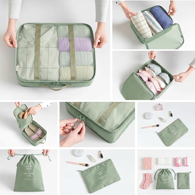 LANSKLBD 6/8 Set Packing Cubes for Suitcases Travel Luggage Packing Organizers,Travel Accessories Essentials Luggage Organizer with Shoe/Tioletry/Laundry Bag (Matcha Green, 8 set)