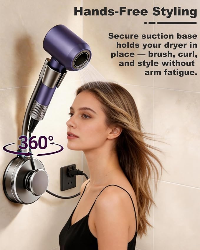 Hands-Free Rotating Hair Dryer Holder Adjustable 360° Swivel Arm Wall Mounted Stand Salon Styling Tool Organizer Flexible Angle Height Universal Attachment Home Travel Pet Grooming Gift Idea(Gray)