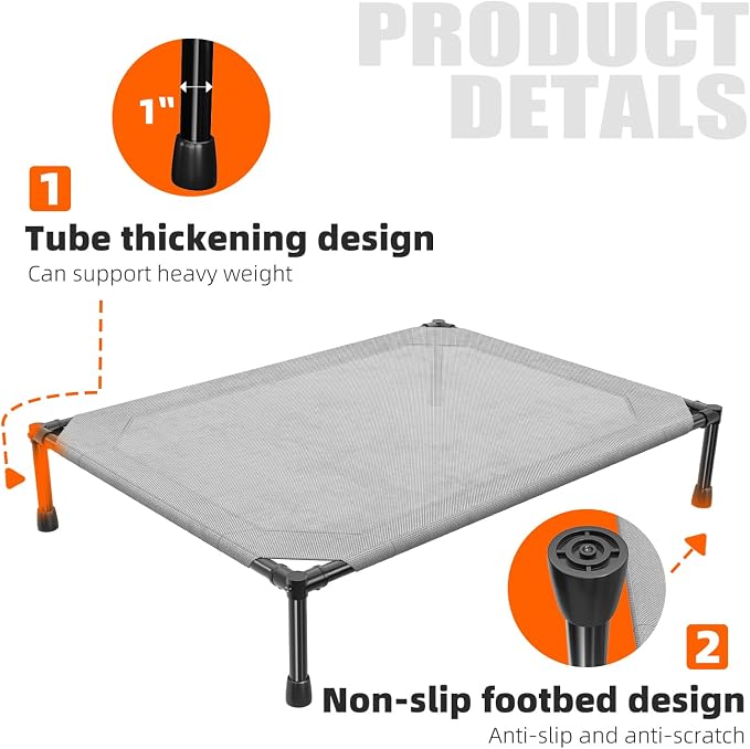 Simple Trending Raised Dog Bed for Large Dogs, Outdoor Elevated Dog Cot | Washable Breathable Mesh, Waterproof Cooling Pet Bed, Portable Pet Cots, Anti-Slip Feet, Easy to Clean, 42" x 31", Grey