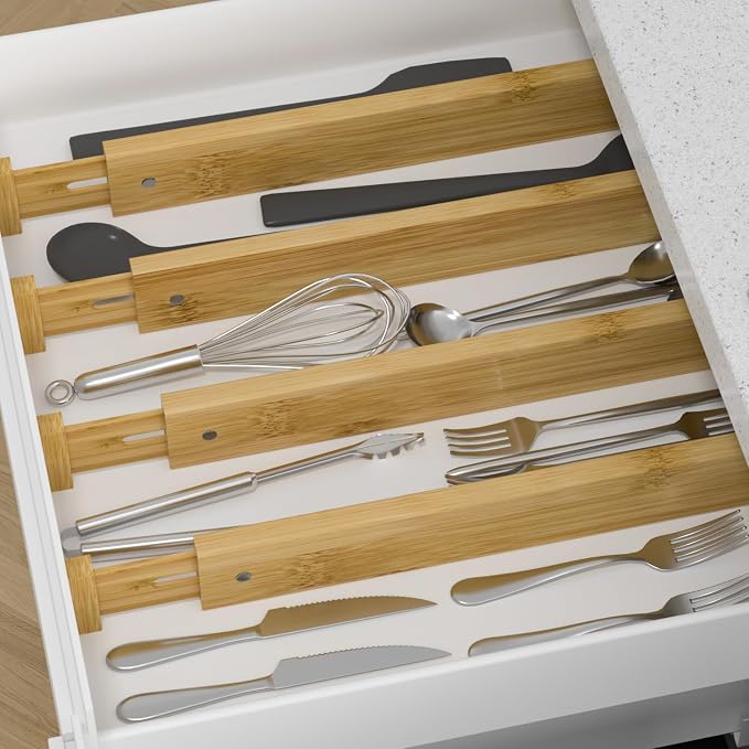 Bamboo Kitchen Drawer Divider 4 Pack,17-22" Adjustable Dresser Drawer Organizer for Bathroom,Bedroom,Natural,2.4 inch High
