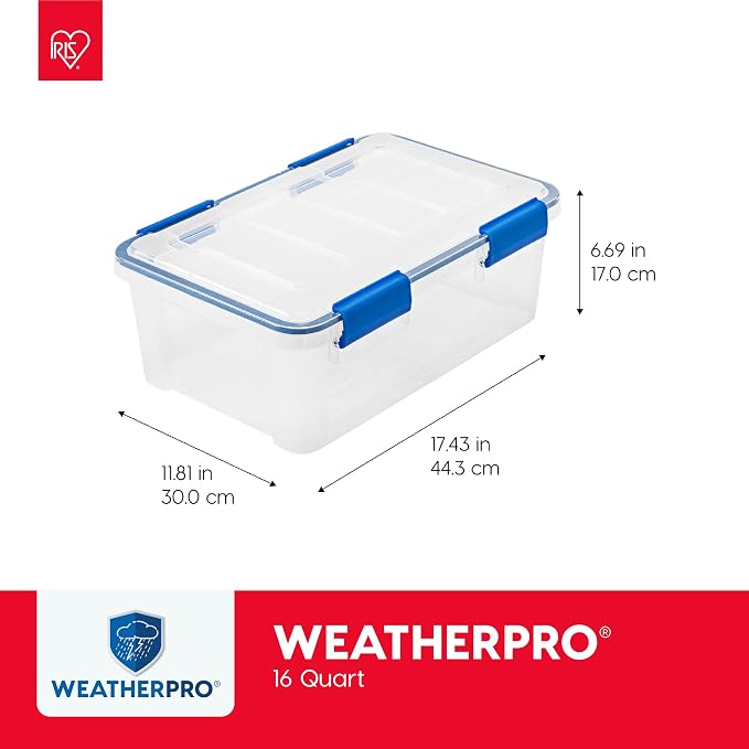 IRIS USA 3-Pack 16 Qt Storage Bins with Gasket Lids, Clear/Blue | WeatherPro seal protects shoes, crafts, documents and supplies from dust and moisture