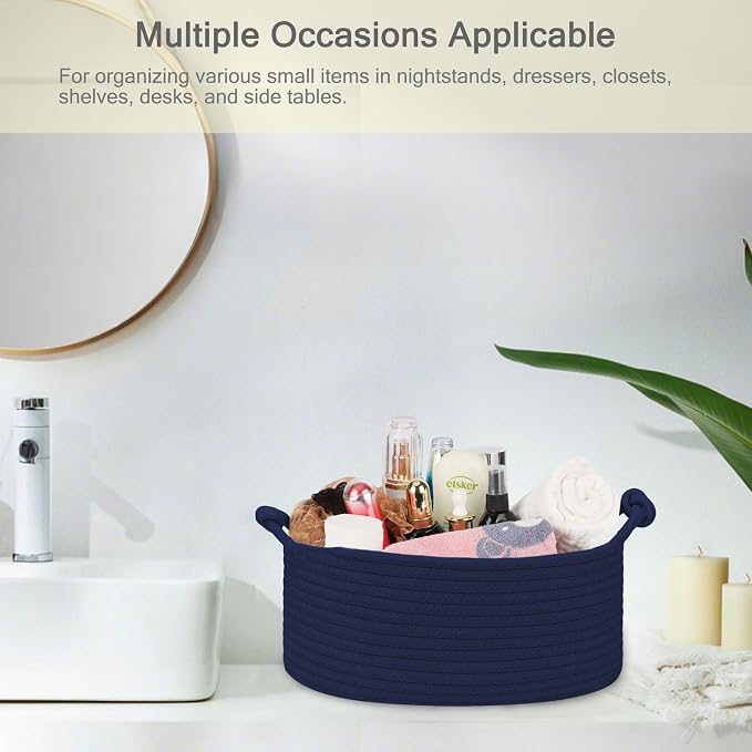 Small Empty Gift Basket with Bag & Ribbons, Navy Blue | 12“x8”x5”, Cotton Rope Woven Basket for Birthdays, Baby Showers, Mother's Day, Christmas; Stores Small Items, Kids & Pet Toys