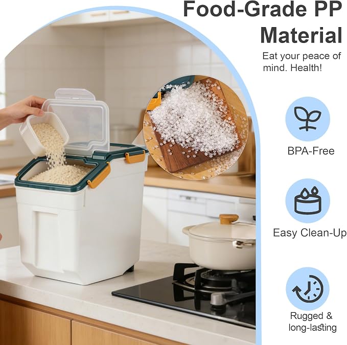 Saim 4Pack 50lb Flour & Rice Storage Container Bin (Dark Blue) | BPA free plastic with seal lid, rolling wheels and measuring scoop for rice, flour, cereal and grain one-hand scooping