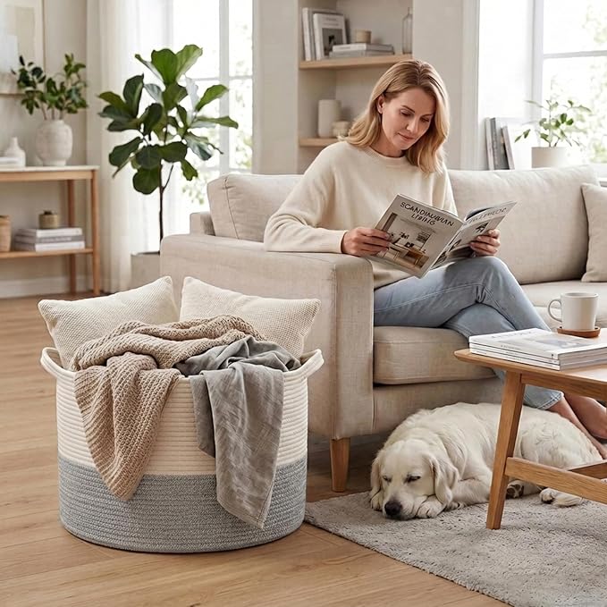 65L Large Blanket Basket,Woven Rope Laundry Basket-White&Grey | Collapsible, reinforced handles, nursery storage bin organizes clothes, toys and pillows for living room, bedroom bathroom