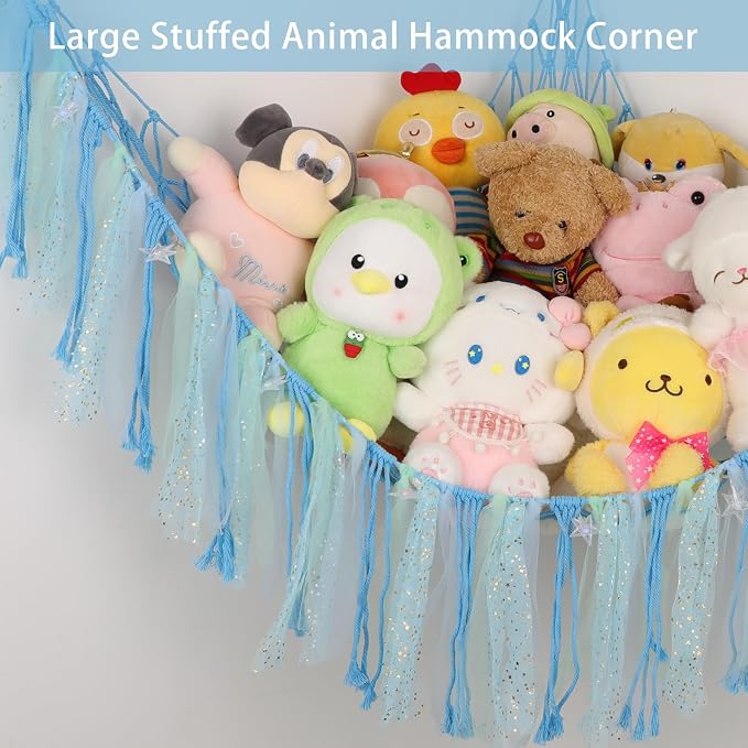 Stuffed Animal Hammock with LED Lights - 59 Inch Large Toy Storage Net for Kids Bedroom, Wall-Mounted Plush Organizer with Wooden Rings, Nursery Decor (Handwoven, Blue)