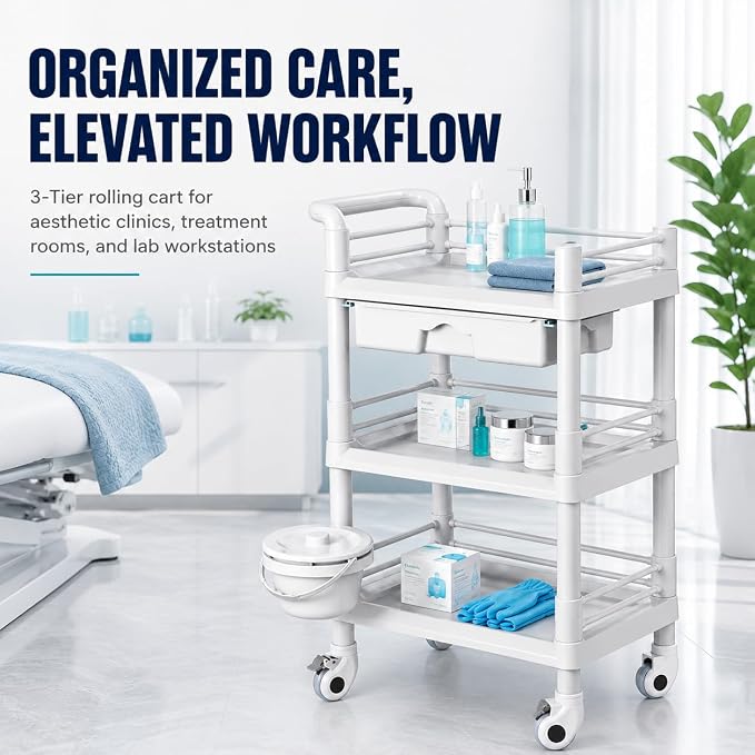 Rolling Utility Cart,Qiwey Utility Cart with Big Drawer,3-Tier Esthetician Cart with Wheels for Beauty Salon SPA Commercial Hospital Office Lab Cart White