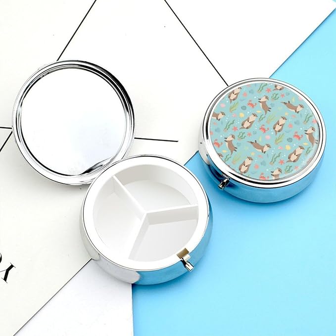 Compact Pill Holder, Cute Sea Otters Round Mini Dispenser, Travel Organizer Case for Medicine, Purse Pocket Box for Outdoor Enthusiasts