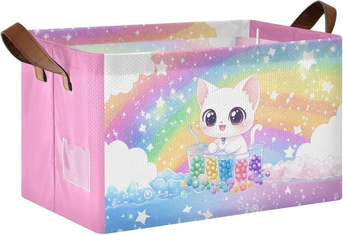 Cute White Cat Rainbow Colorful Baby Storage Basket with Labels&Handles Rectangular Waterproof Nursery Storage Bins Collapsible Shelf Organizer Baskets for Kids Books Cloth Gift Basket Toys Laundry