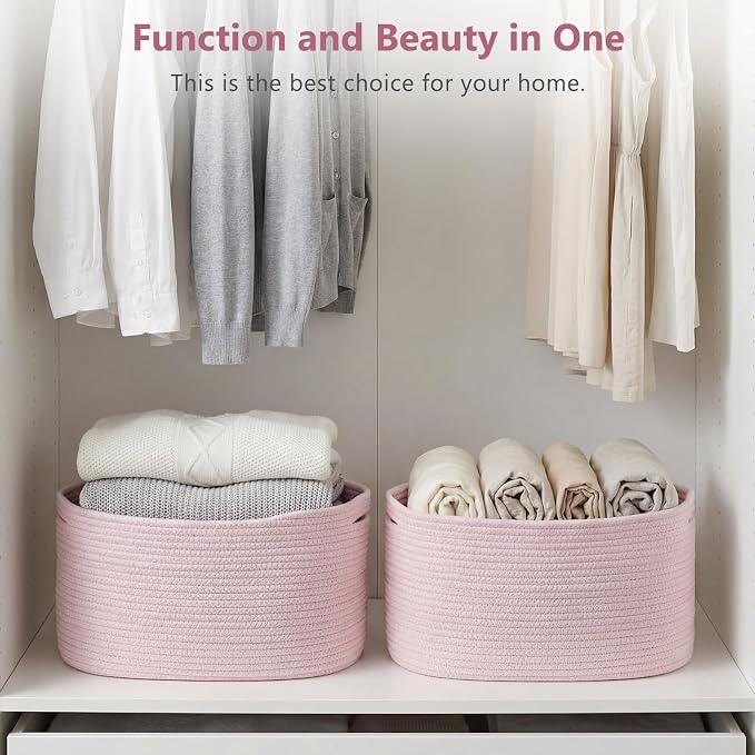 ECDYQXVU 15x10x9 Inch Woven Cotton Rope Storage Basket, 2 Pack | Foldable Design, Built-in Handles, Space-saving Organizer for Living Room, Bedroom, Laundry, Shelves, Clothes, Towels