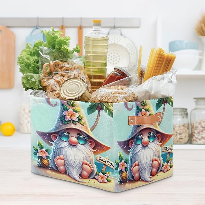 Pardick Summer Gnome Cute Basket Storage Bins Large Fabric Toys Storage Cube Box with Handles Collapsible Closet Shelf Cloth Organizer Basket for Nursery Bedroom Bathroom Holiday Gift