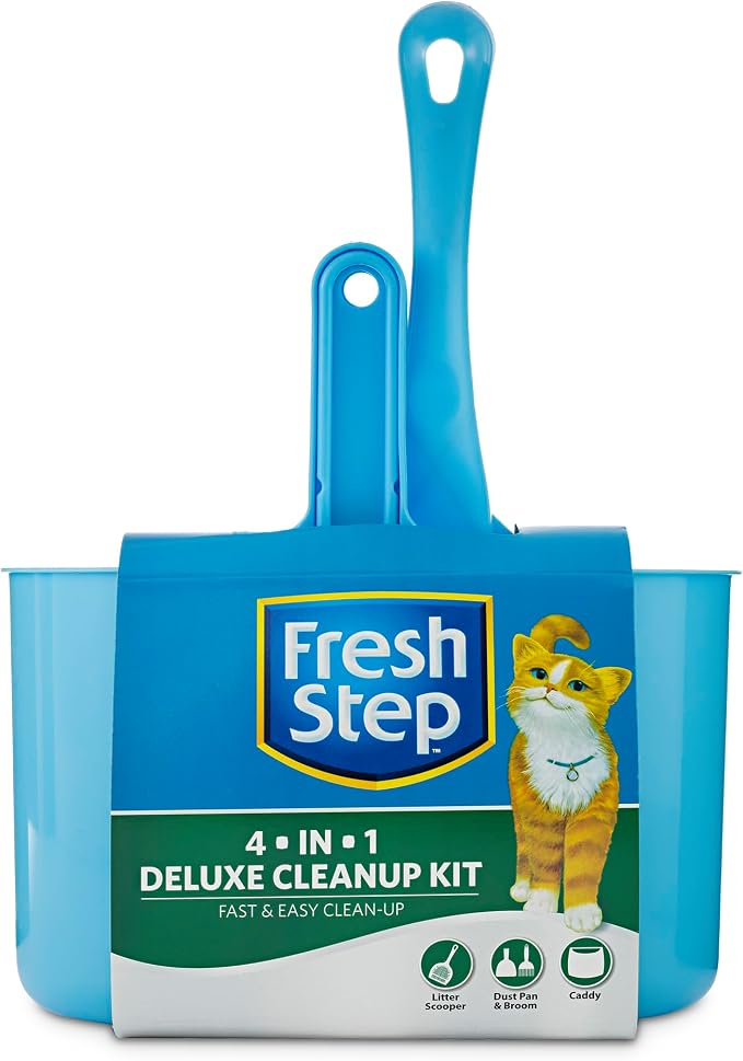 Fresh Step 4-in-1 Deluxe Cat Litter Cleanup Kit | Includes scoop, broom, dust pan, and hanging caddy, compatible with standard litter boxes, blue, 4-in-1