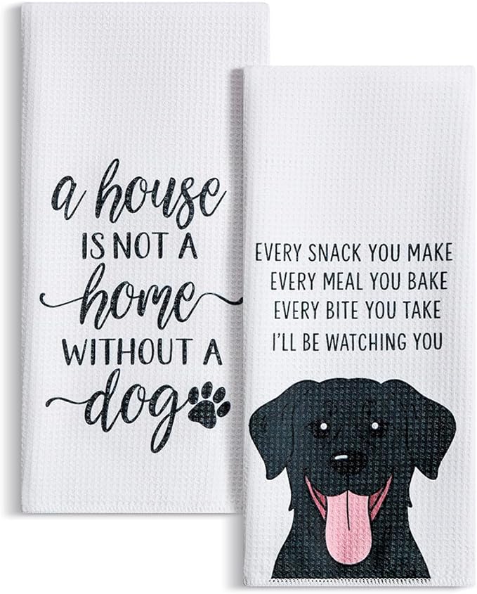 Set of 2 Waffle Weave Kitchen Towels, 380 GSM Absorbent Quick-Dry Microfiber Dish Towels, Funny Dog Tea Towels, 18 x 30 Inches, Gift for Dog Lovers, Kitchen Decor