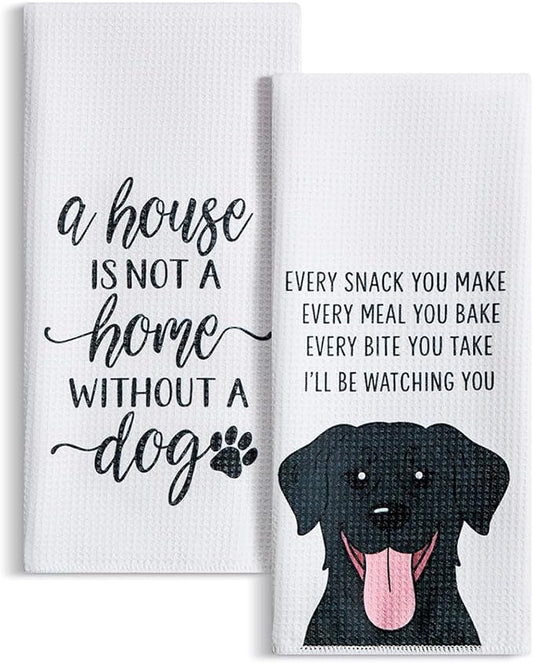 Set of 2 Waffle Weave Kitchen Towels, 380 GSM Absorbent Quick-Dry Microfiber Dish Towels, Funny Dog Tea Towels, 18 x 30 Inches, Gift for Dog Lovers, Kitchen Decor