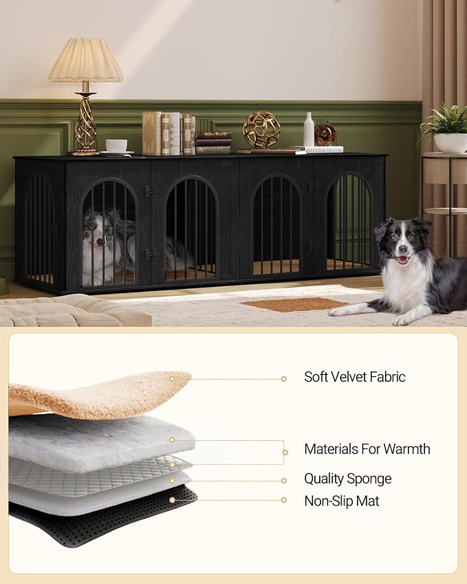 Hzuaneri 70.9" Double Dog Crate Furniture, Dog Kennel Indoor with Cushion | Heavy Duty Dog Crate Furniture for 2 Dogs,Dog Cage End Table TV Stand with Divider for Med-Large Dogs,Black DFC81904B
