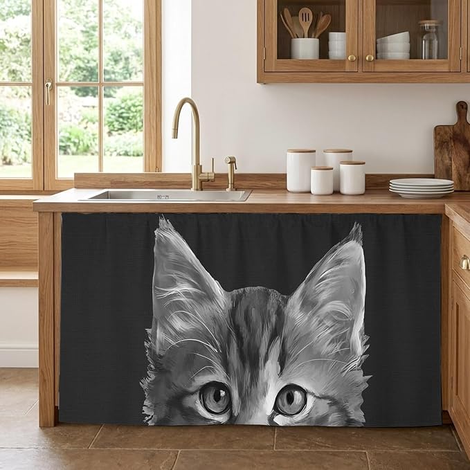 Black Cat Cabinet Curtain 32"Wx55"L, Dustproof Pantry Door Curtain with Self Adhesive Tape, Cute Pets Eyes Fur Vintage Oil Painting Tall Storage Cover Privacy Drape for Bathroom Kitchen Laundry Room