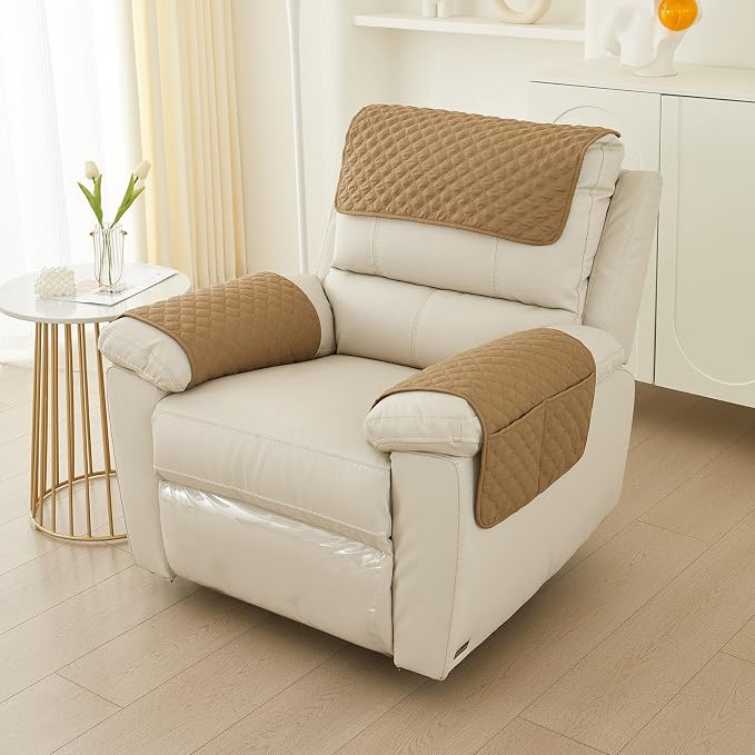 Armrest Covers Armchair Slipcover, Couch Arm Covers Recliner Covers with Storage Pockets Armrest Protector for Chair Sofa(Camel,2 Seat | 4 Piece Set)